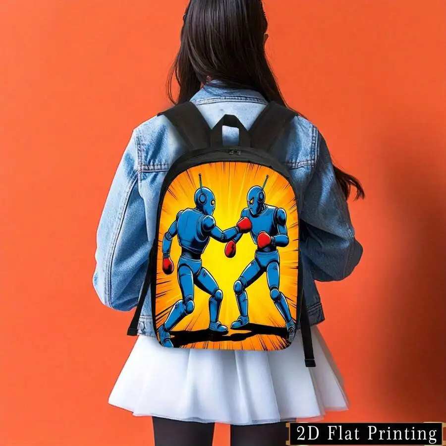

Mecha Boxing Print Backpack Blue Unisex Street Fashion Large Capacity Zipper Closure