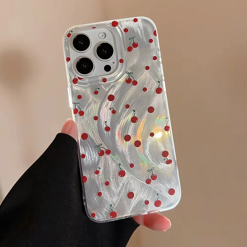 Luxury Laser Silver Cheery Phone Case For Samsung Galaxy S25 S24 Ultra 5G S23 S21 FE S22 Plus A55 A15 A35 A54 A34 A05 A05S Cover