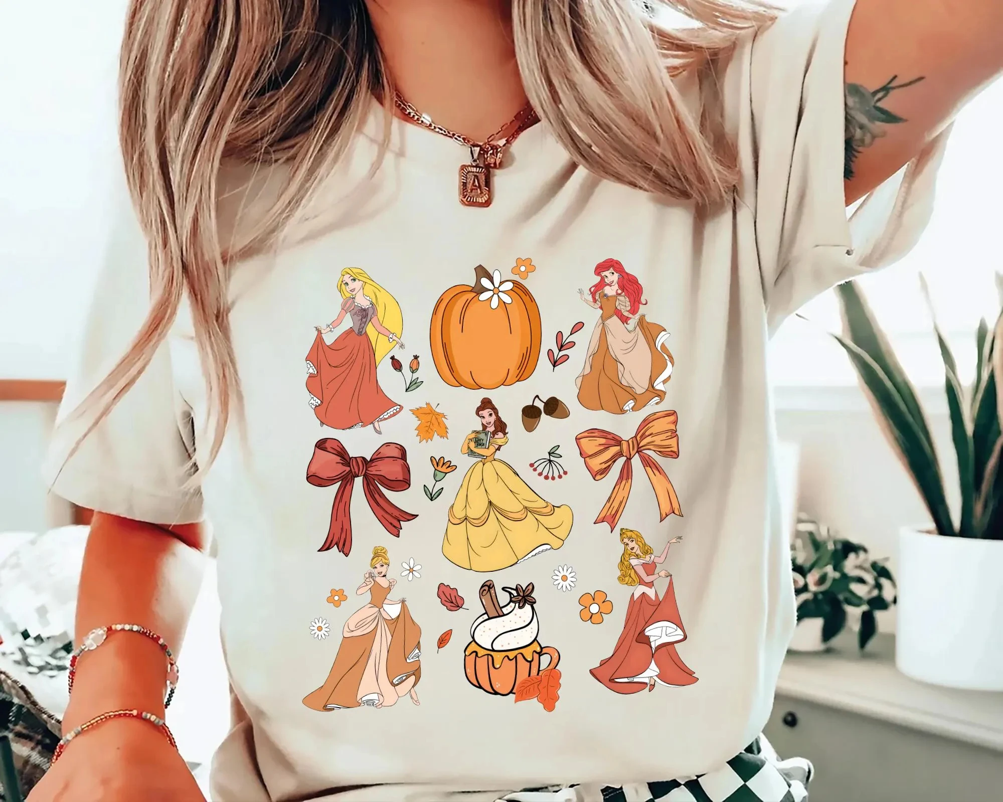 

Coquette bows Disney Princess Fall vibes shirt Pumpkin Spice Spooky Season Shirt WDW Disneyland Halloween Fall Girls trip