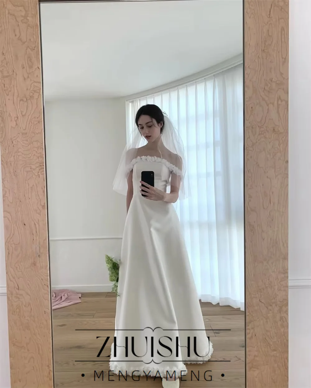 ZHUISHU Elegant A-line Satin Wedding Dresses Korea Photo Shoot Strapless Adjustable Shawl Long Bridal Gown Corset Customized 웨딩드