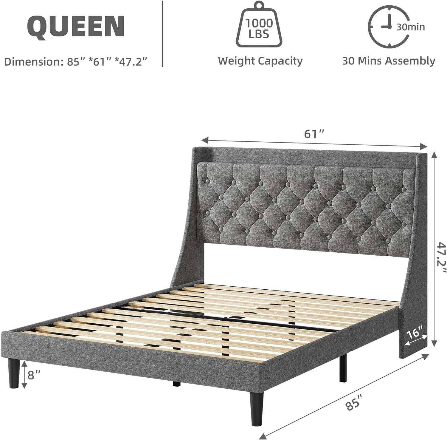 Gaomon Queen Size Bed Frame With Charging Station And Storage Shelf, Upholstered Platform Bed With Headboard And Wingback,