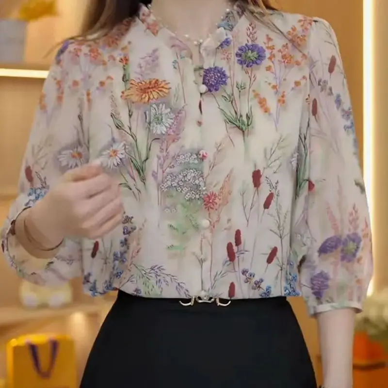 2024 Summer New Women\'s Blouse Stand Collar Button Printed Flattering Shirt Fashion Sweet Loose Three Quarter All-match Tops