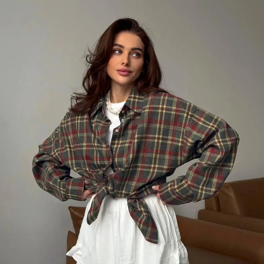 

Plaid Sle Lapel Long Sweater Cardigan irt Women's Retro Polyester Striped Patterned Casual Faion Autumn Seasonal Wear