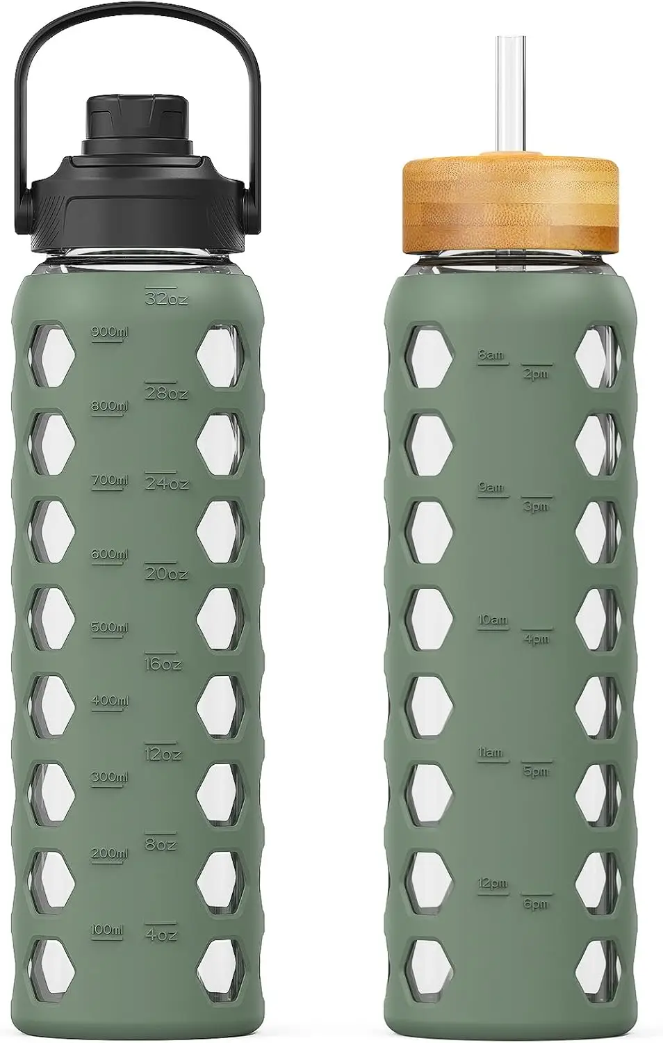 Botella de Agua de Vidrio de 32oz con 2 Tapas, Marcador de Tiempo y Funda de Silicona, Diseño Oliva a Prueba de Fugas