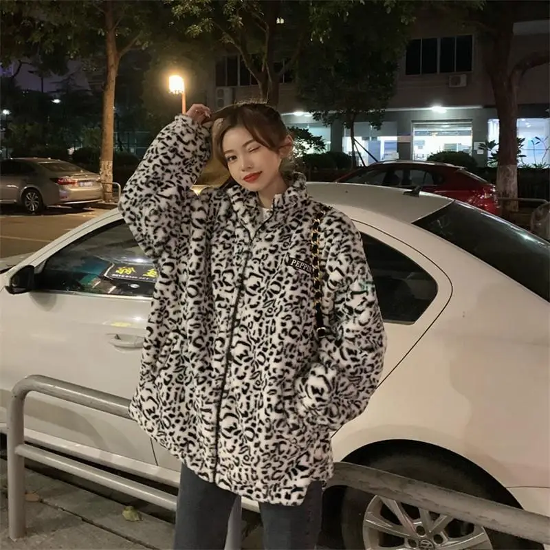 Chic Korean Fashion Style Overcoat Casual Zebra Pattern Plush Jacket Winter New Thick Warm Short Jacket Women All-match Jackets