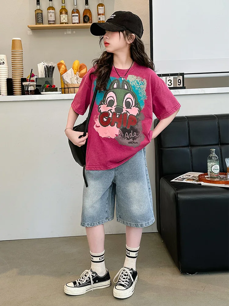 

Комплект из двух предметов для девочек: футболка с коротким рукавом и джинсовые шорты в корейском стиле, летний повседневный хлопковый костюм для маленьких девочек, милый детский наряд