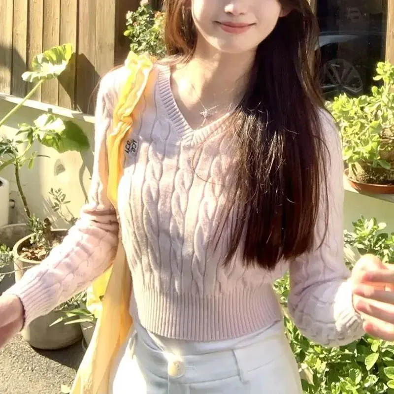 

Women's Clothing Pink V-Neck Sweaters Basic Long Sleeve Autumn Winter New Slim Stylish Letter Embroidery Short Knitted Pullovers