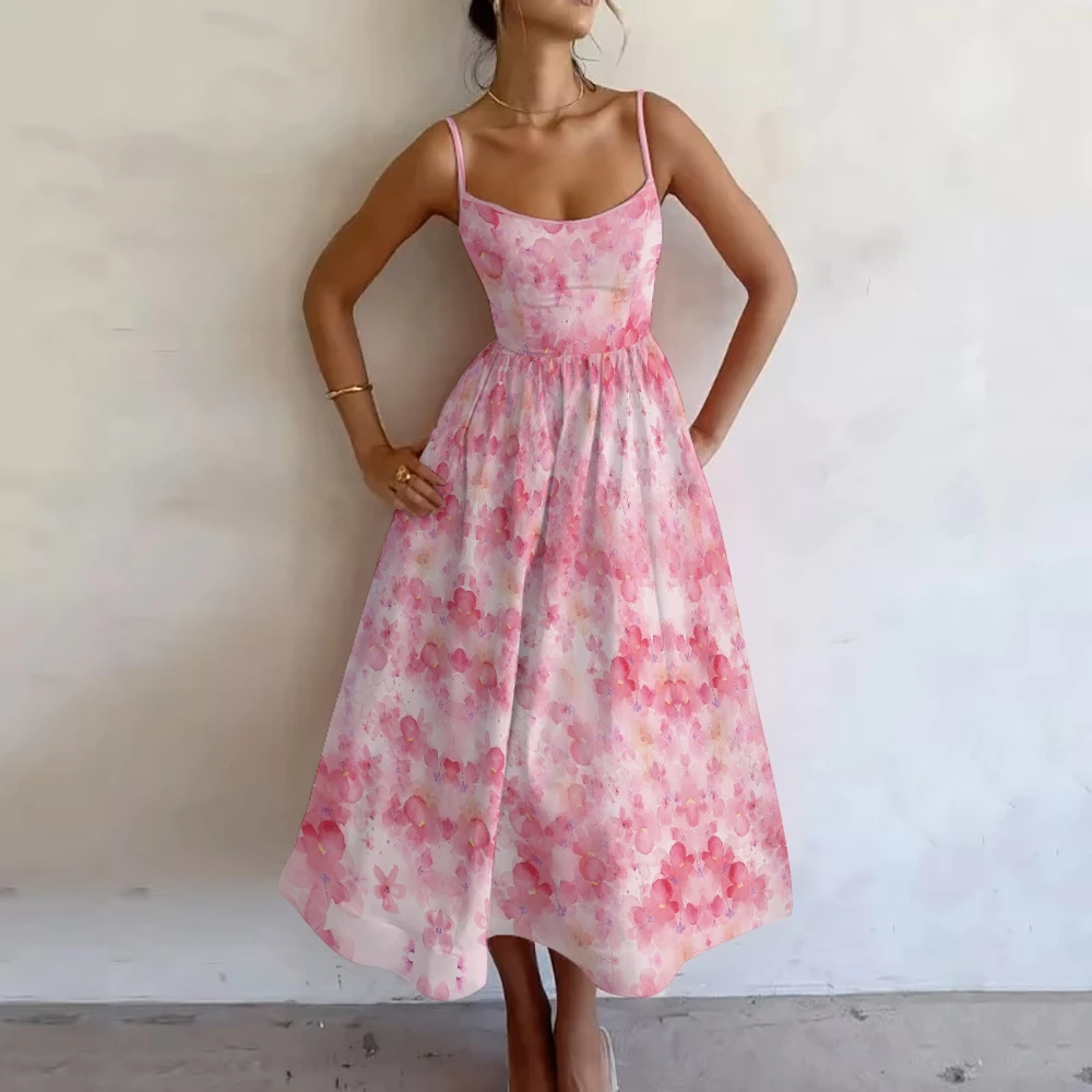 Pink Flower Fantasy Pink Party Dress Women'S Casual Pettiskirt Holiday Summer Dress Slim Fit 1-Piece Birthday Braces Skirt