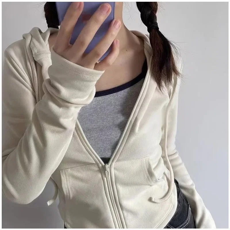 Spicy Girl Style Hooded Cardigan Sweatshirt Women's Spring Autumn Slimming Long Sleeve Cropped Top Trendy Waist-fitted