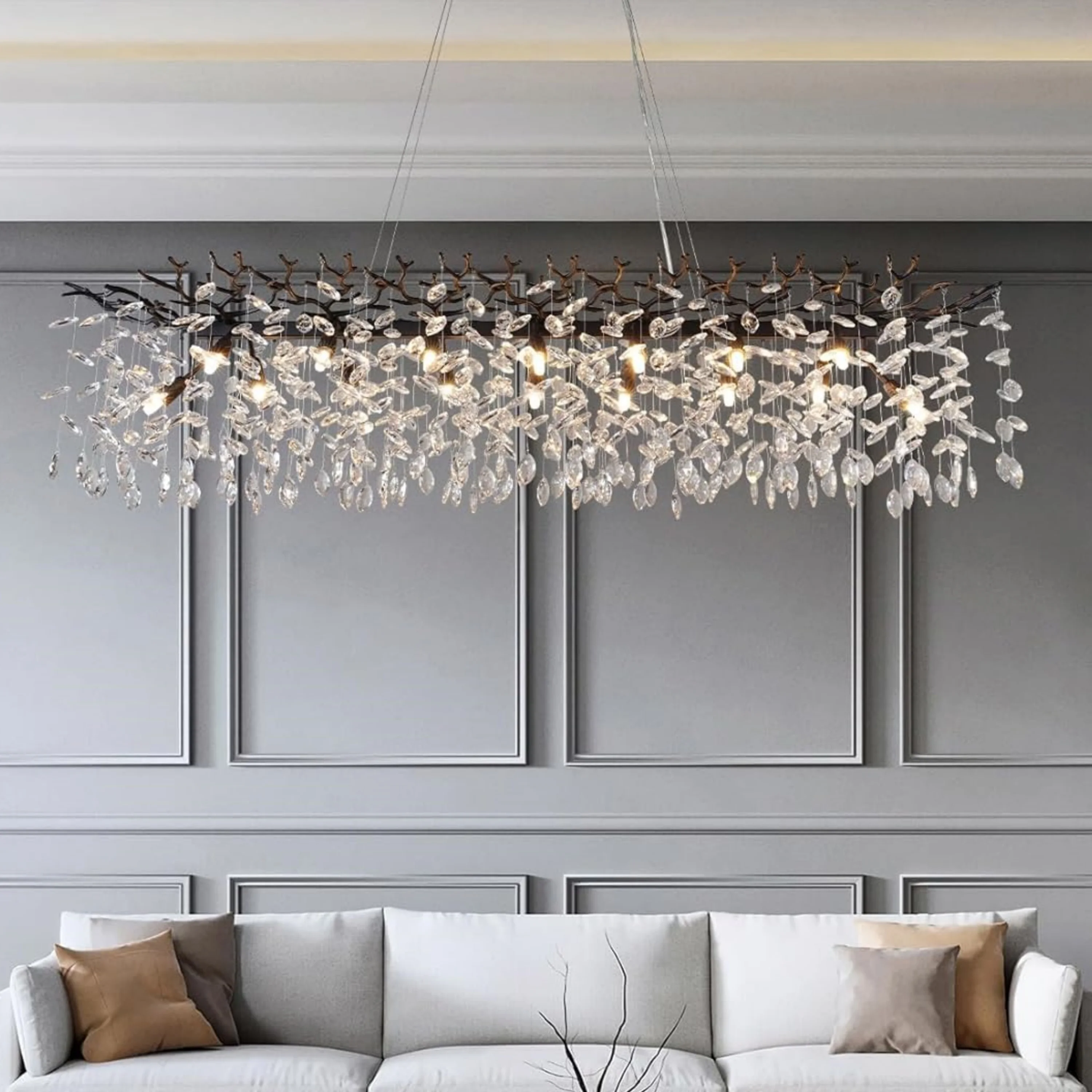 

Rectangular Modern Black Branch Crystal Chandelier for Dining Table Living Room Dimmable Crystal Pendant Light Kitchen Vila