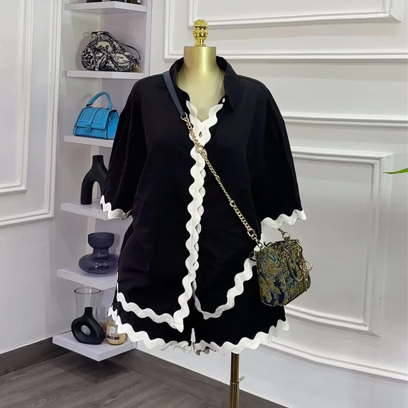 

2025 Summer New Women's Two Piece Fashion Loose Collar Splicing Shirt Wide Leg Shorts Casual Set