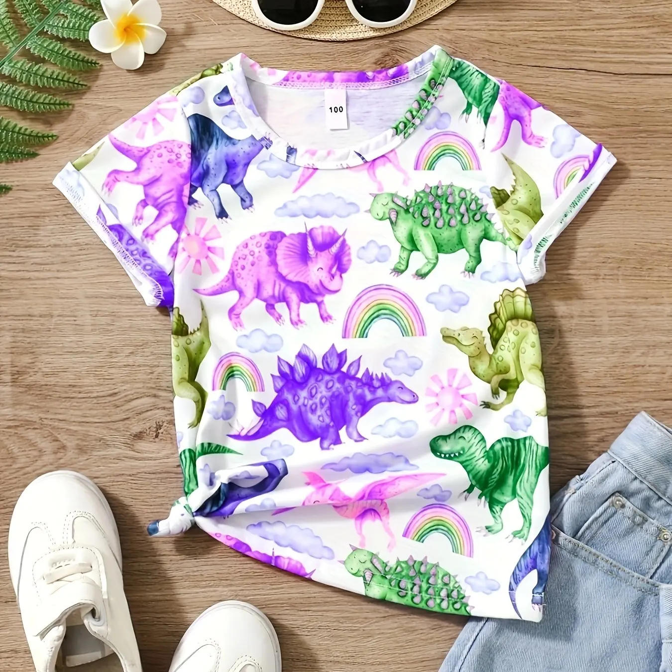 2024 Summer 4-14 Years Children\'s Kids Cute Girls And Boys Lightweight and Breathable 3D Cute Little Dinosaur Print T-Shirt Tops