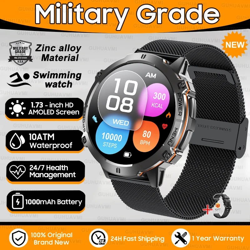 2025 New T-Rex3 1000mAh Battery Sports SmartWatch 1.73" AMOLED Screen 10ATM Waterproof Compass Altimeter Military Smartwatch Men