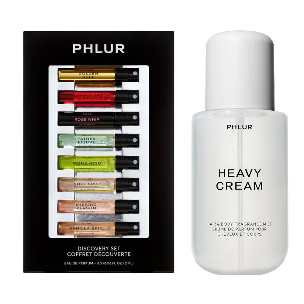 

PHLUR Heavy Cream Body Spray+Discovery Set Eau de Parfum、240ml + 8 bottles of 2ml each, large bottle of perfume + travel mini perfume sample set, a fragrance gift set suitable for both men and women, a long-lasting designer fragrance collection.