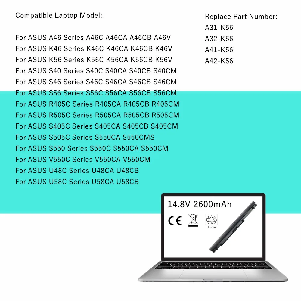 Laptop battery For ASUS A31-K56 A32-K56 S46C S40C S405C A41-K56 A42-K56 K56 VivoBook S550 S550C V550C U58C U48C S56C S550C