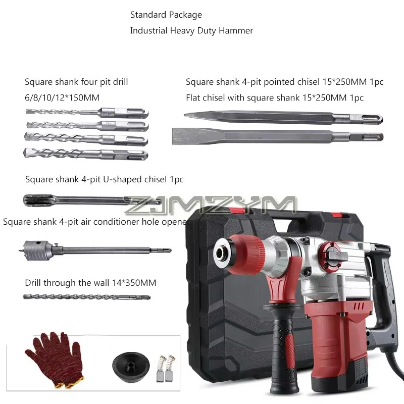 220V Electric Hammer Drill Heavy Duty Rotary Hammer Drill, Copper Motor, Including Chisels and Drill Bits with Case