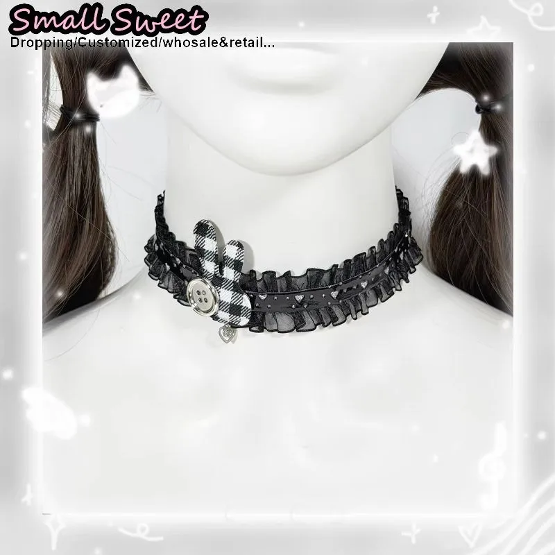 Handmade Choker Necklaces Mechanical Punk Bunny Ruffled Lace Sweet Cute Kawaii Collar Lolita Chain Cecklace Women Hairpin Clip