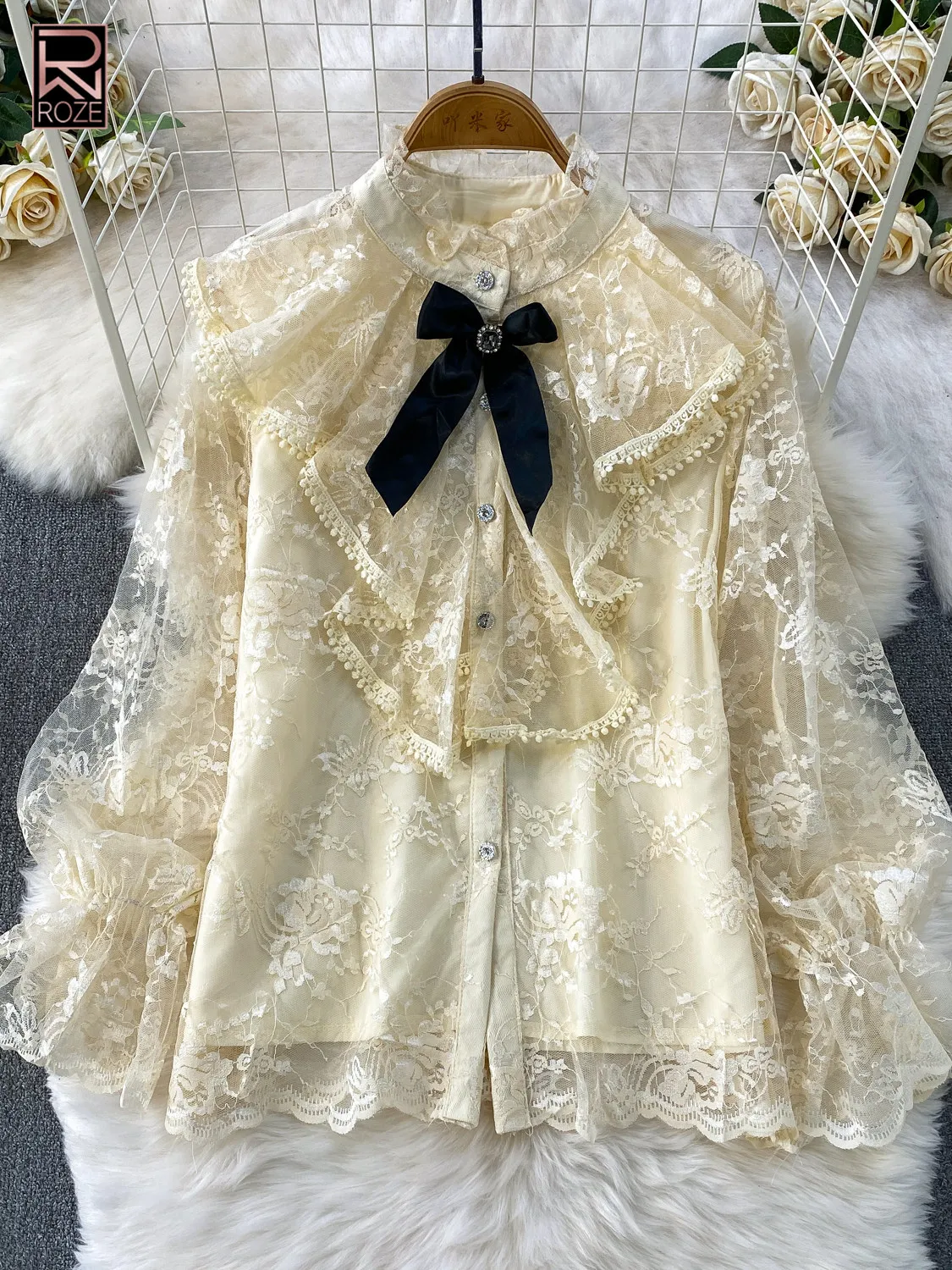 

Французская блузка в нежном стиле с бантом и рюшами, с воротником-стойкой, для женщин, весна-осень, легкий люкс, кружевной базовый топ для светских мероприятий