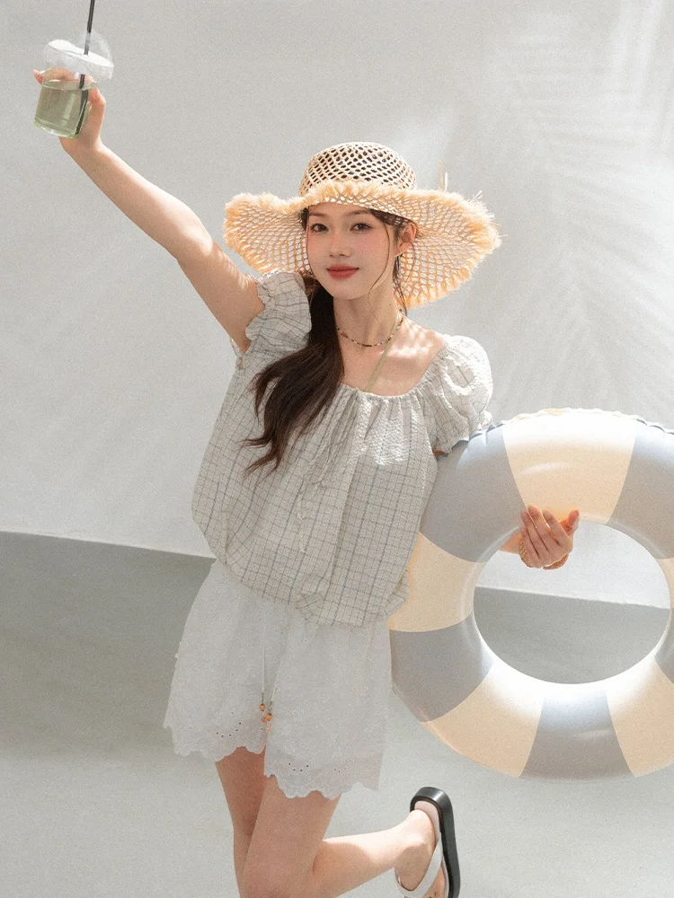 

Женская летняя блузка Loveheynew в клетку с коротким рукавом, текстурная, с поясом, красивый топ из смесового хлопка и полиэстера