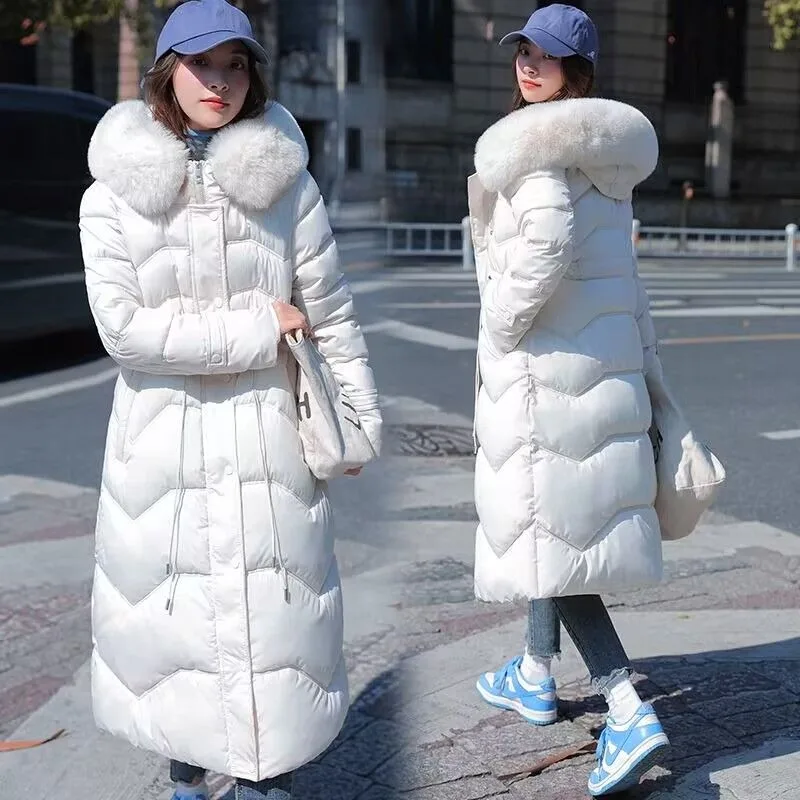 2023 New Women Down Jacket Winter Coat Female Fox Fur Collar Thicken Parkas White Duck Down Outwear Slimming Mid Length Overcoat