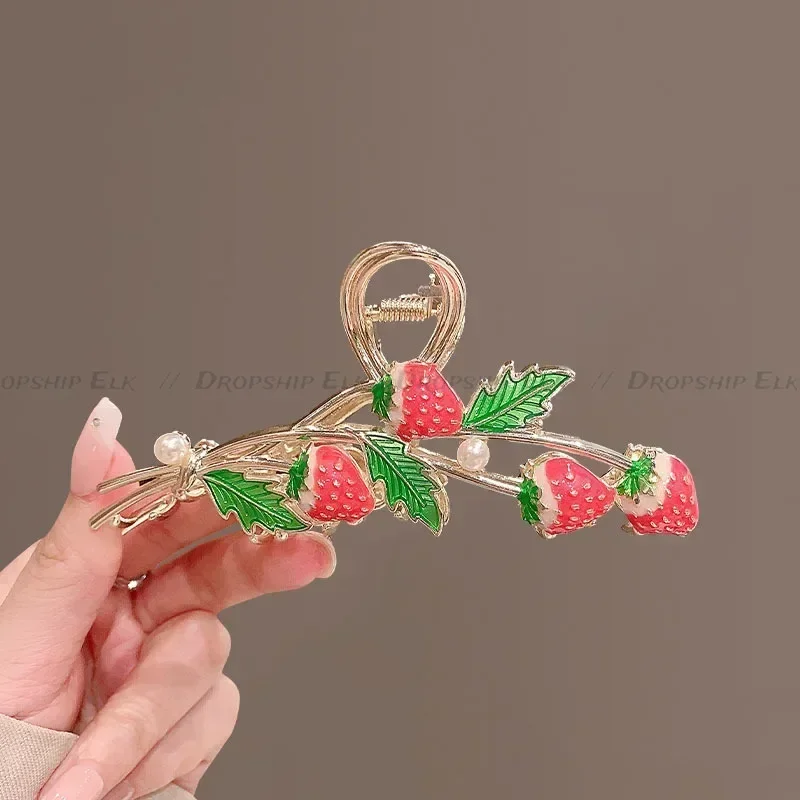 Strawberry Hair Claw Clips Cute Metal Hair Clip Strong Non Slip Hold Hair Jaw Clips Pink Acetate Claws Clips Accessories