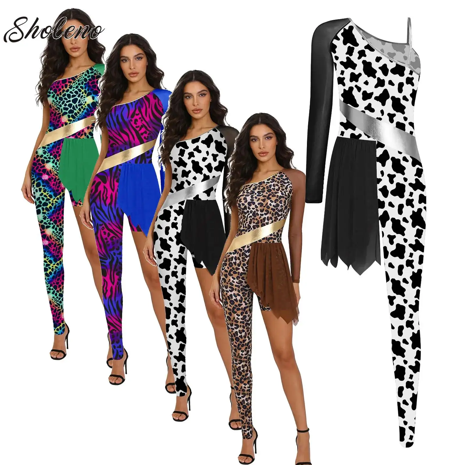 

Womens Leopard One Shoulder Mesh Asymmetrical Ballet Dance Jazz Jumpsuit Prehistoric Cave Stone Halloween Carnival Costume