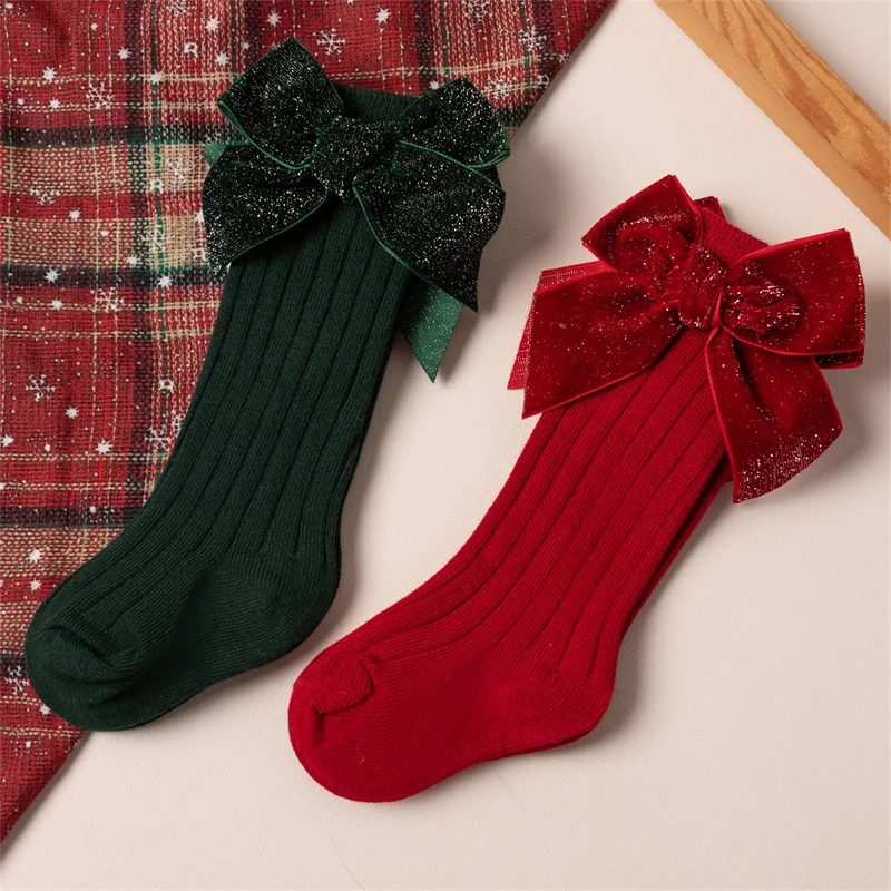 2 Paar/Set Weihnachts-Kniestrümpfe für Kleinkinder und Kinder, Mädchen, niedliche große Schleife, Neujahrs-Baumwoll-Langsocken, weiche warme Beinwärmer – Detail 6