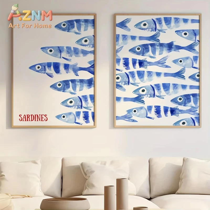Póster Retro de Lona con Diseño de Sardina Azul, Arte Mural de Sardina Mediterránea