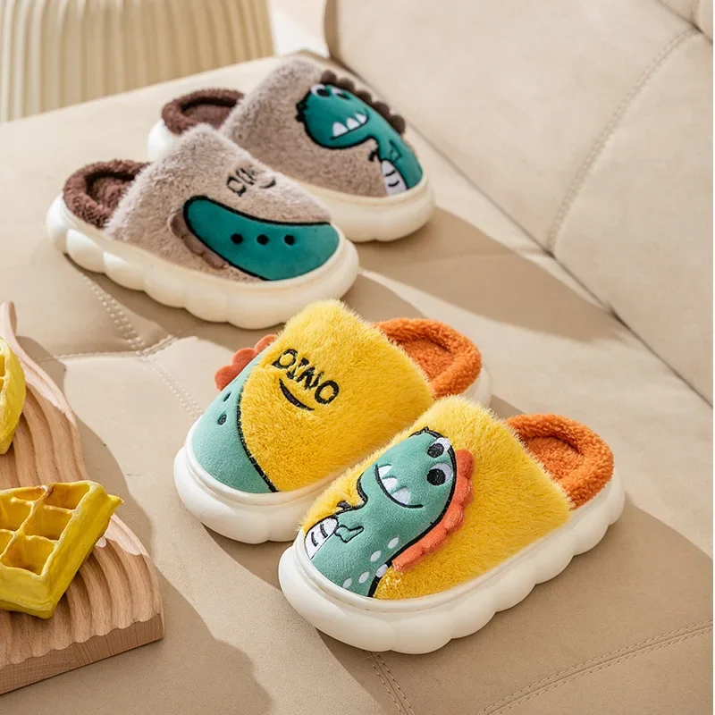 Winter Women Cotton Slippers Indoor House Men Women Couples Shoes Cute Cartoon Dinosaur Children Home Flat Casual Floor Slides