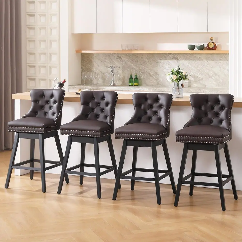 

Bar Stool with Back, Faux Leather Counter Height Bar Stools, Upholstered Tufted Counter Height Chairs, Solid Wood Legs, Brown,