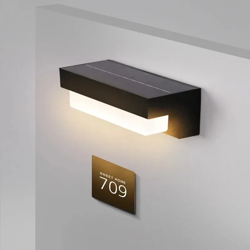 Solar LED Outdoor Wall Lamp, Black Horizontal Rectangle with White Diffuser and Warm Light for Home Door Side and Exterior Decor