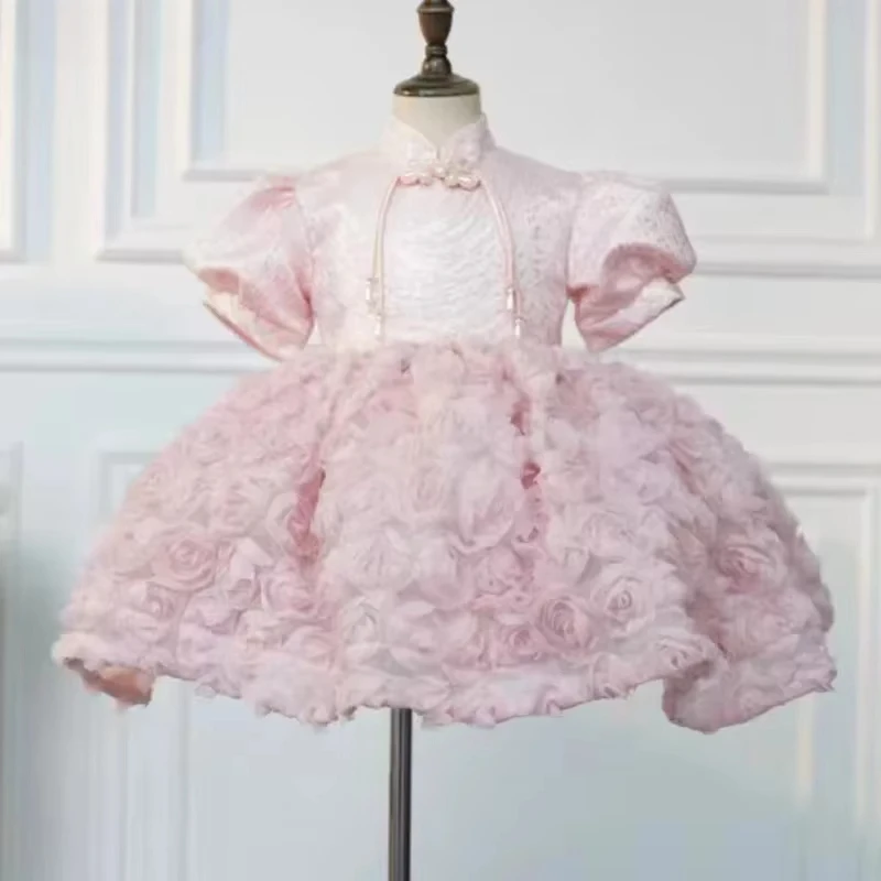 

2025 Children's Autumn Clothes New Chinese Princess Kid Pink 1 Years Old Baby Girl Party Female Dresses Elegan Luxury