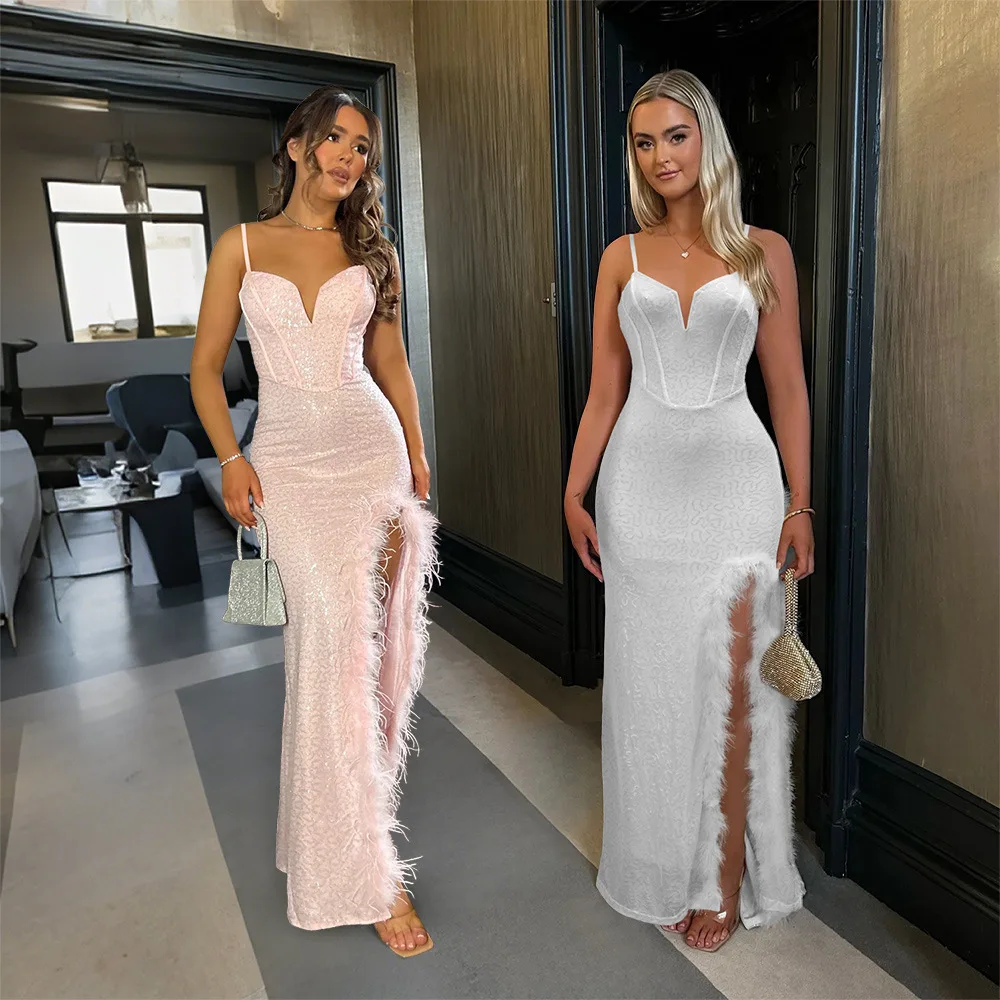 

Женское платье на тонких бретельках, однотонное платье с v-образным вырезом без бретелек, платье с разрезом по краям и перьями, лето 2023 г.