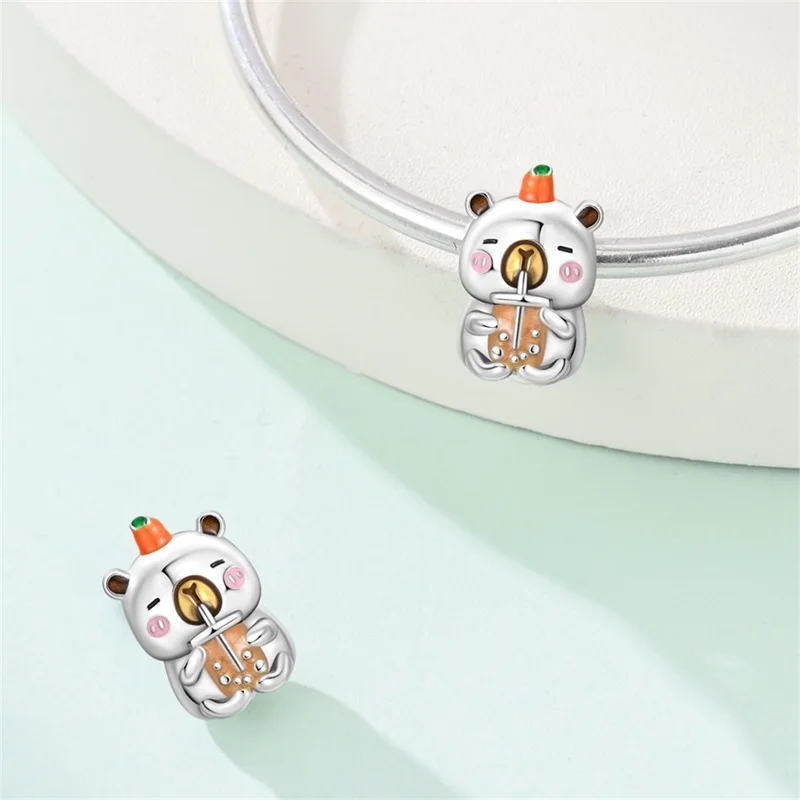 

925 Sterling Silver Capybara With Milk Tea Charms Beads Fit Classic Bracelet DIY Women Birthday Anniversary Jewelry Gifts
