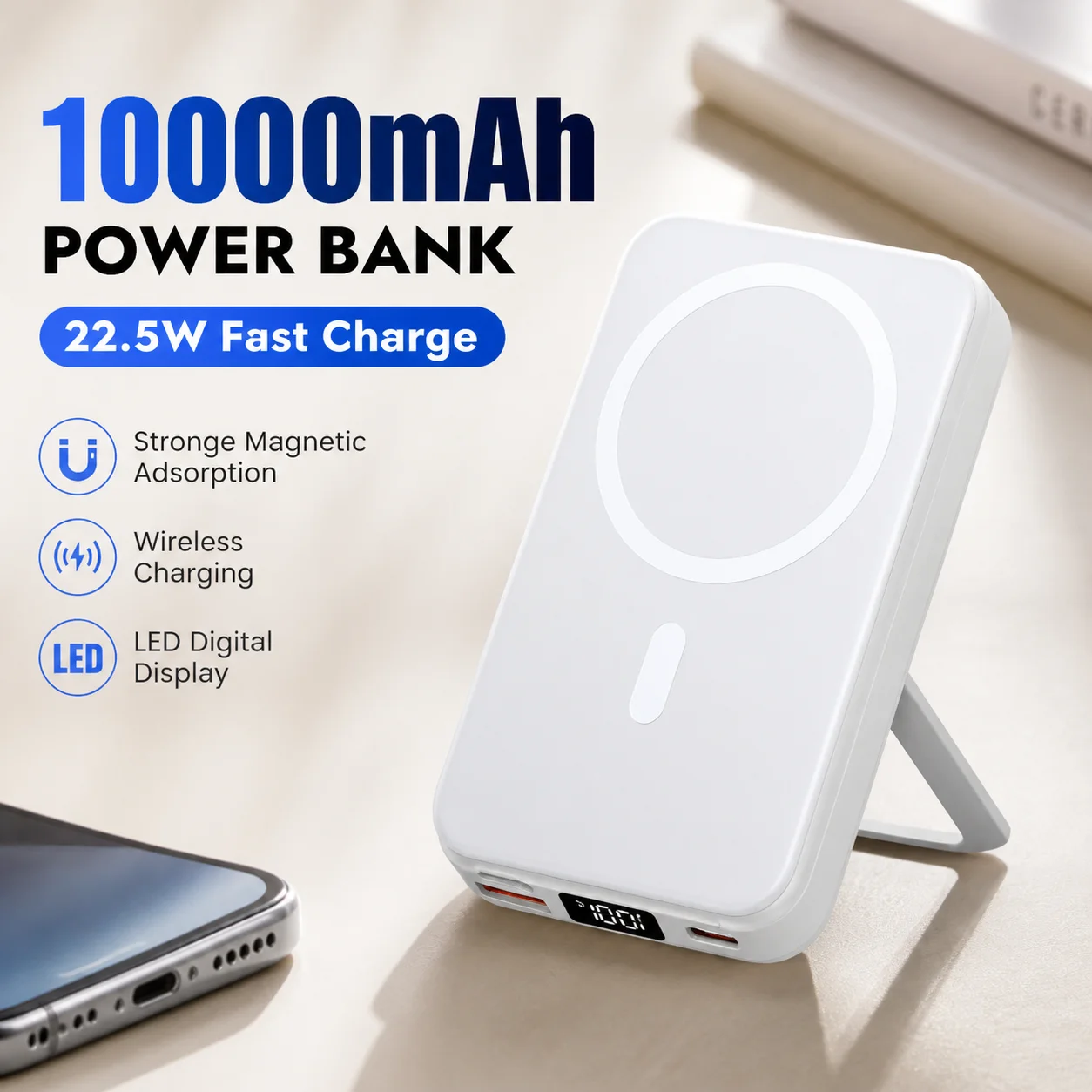 10000mAh Magnetic Power Bank Wireless Portable Charger with 2 Built-in Type-C Cables Foldable Stand Fast Charging