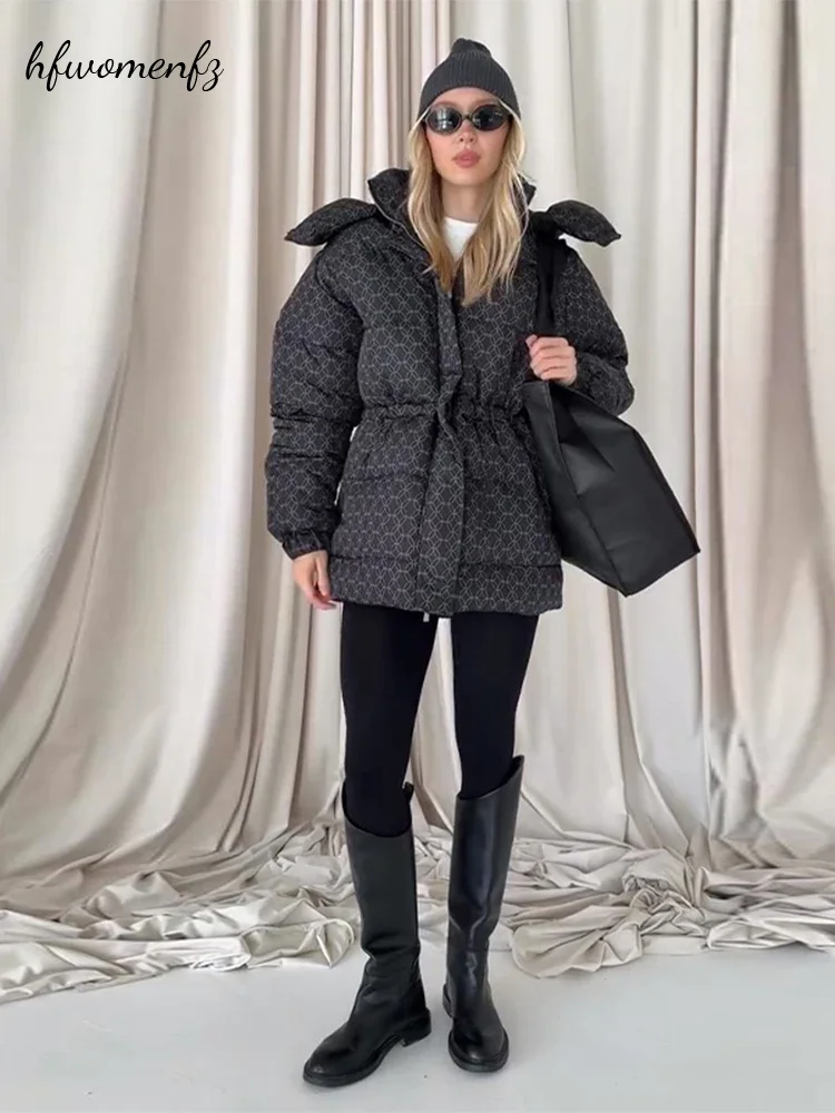 Women's Winter Printed Hooded Jacket Long Sleeve Waist-cinching Pockets Cotton Coat Female 2026 Fashion Lady Street Outwears