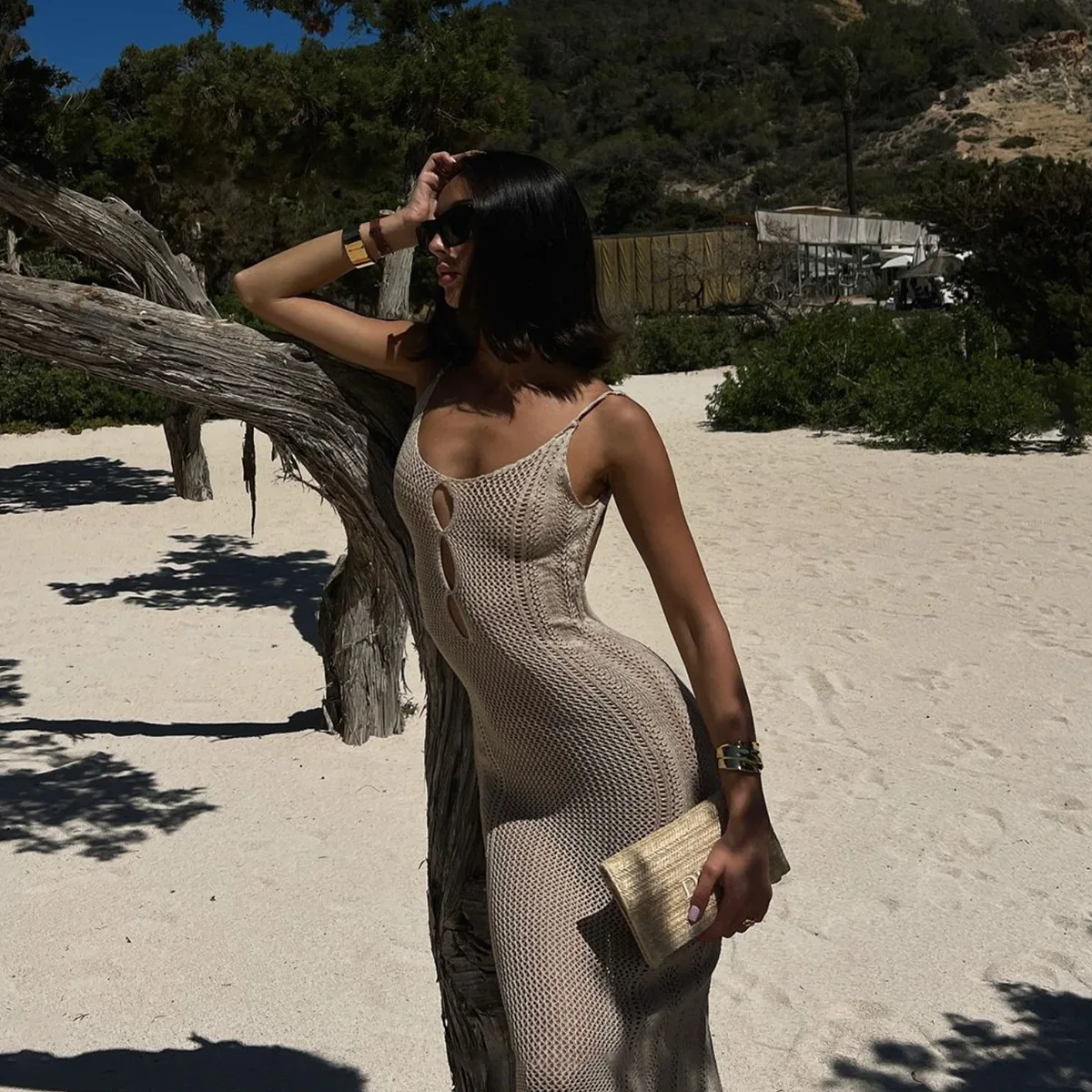 Sexy Bal malha oca cobrir Dr Spicy Girl Deep V Strap Beach Vaion Dr Cross Border cintura solta poliéster...