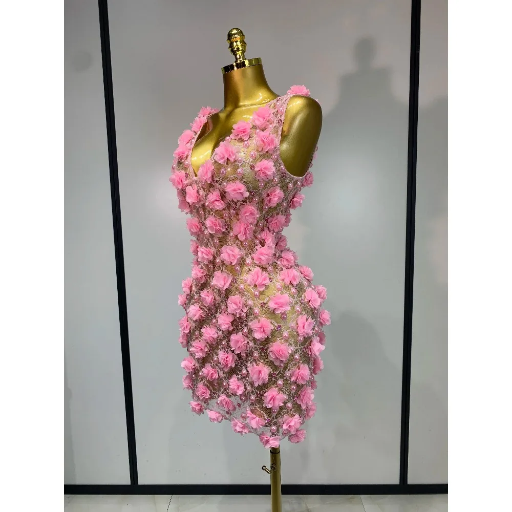 Women Pink Flowers Pearls Lace See Through Bodycon Mini Dress Evening Party Nightclub Stage Wear Costume