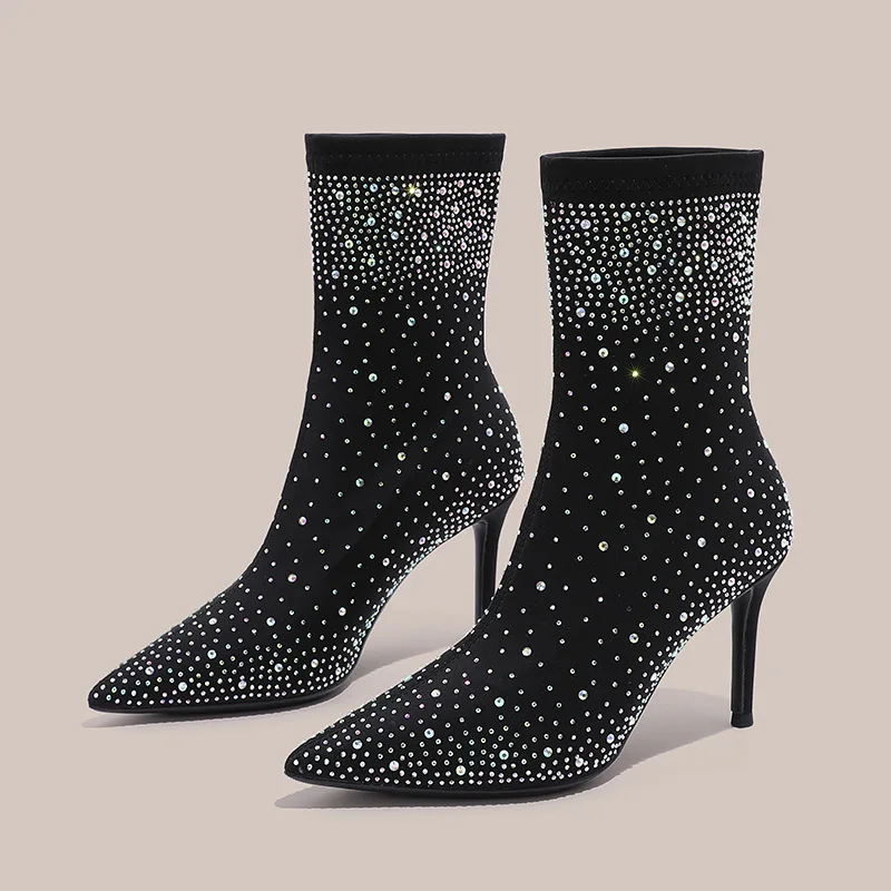 

Starry Sky Full Diamond High Heels Short Boots Women's Autumn and Winter Pointed Thin Heels Thin Boots French Fashion Boots