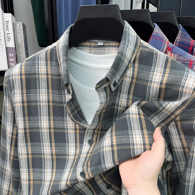 Business Pure 100% Cotton Color Checkered Short Sleeved Shirt for Men, Skin Friendly Casual High-end Middle-aged Shirt
