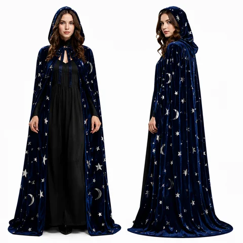 Vintage Velvet Hooded Cape with Star & Moon Pattern, Floor Length Tie Front Cloak for Women Men Halloween Gothic Wizard Witch