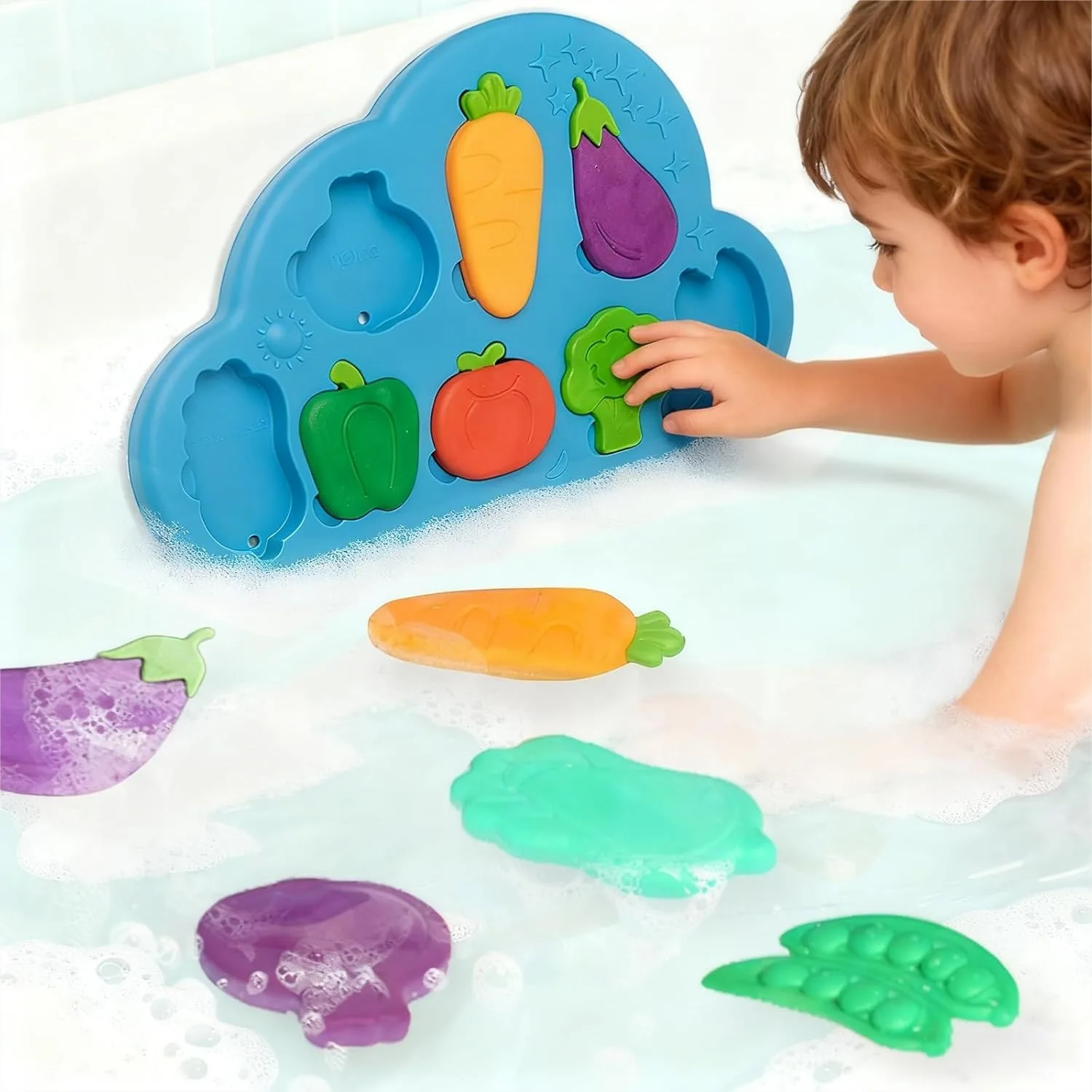 

Bath Toys for Toddlers 1-3, Silicone Suction Cup Veggie Puzzle, Montessori Sensory Matching Toy with Easy Drainage, Educational