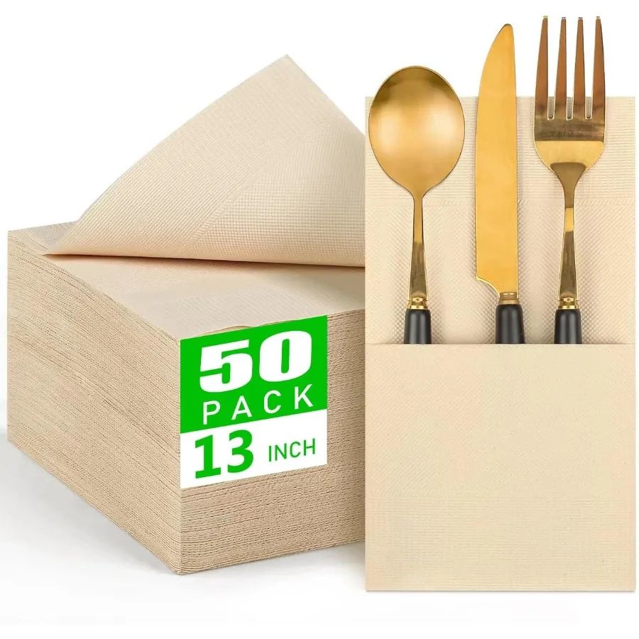 50 Uds. De guapos de papel desechables, guapos de baño suaves de 2 capas para invitados desplegados, 13x13 Ihes, toallas de mano de papel marrón para cena Weddi