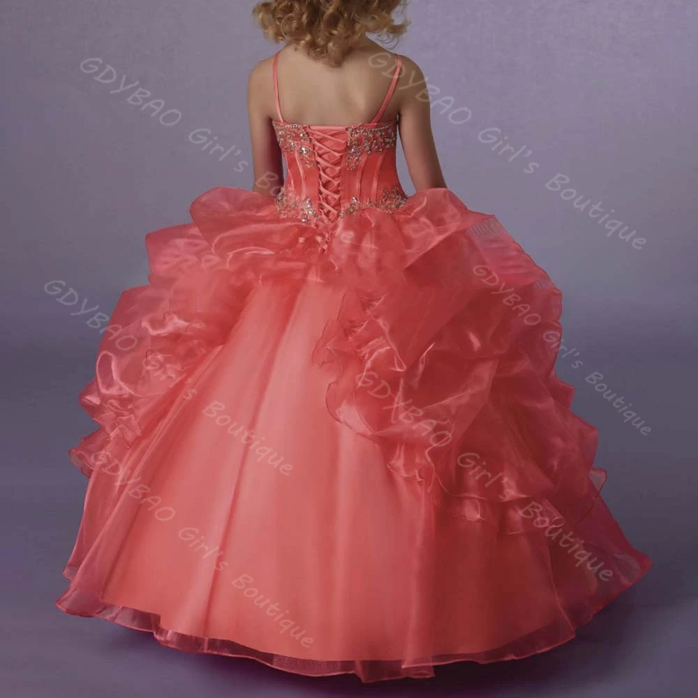 الفتيات فستان المسابقة السباغيتي الأشرطة مطرز يزين الأميرة زهرة فتاة فستان المتدرج الأورجانزا حفلة الكرة ثوب مخصص Vestidos