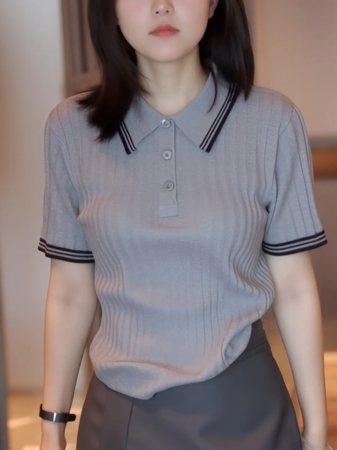 

Faionable Knitted Color Blo Collared ort Sve Slimming Commute T-irt Women's Top Summer New Arrival G72207