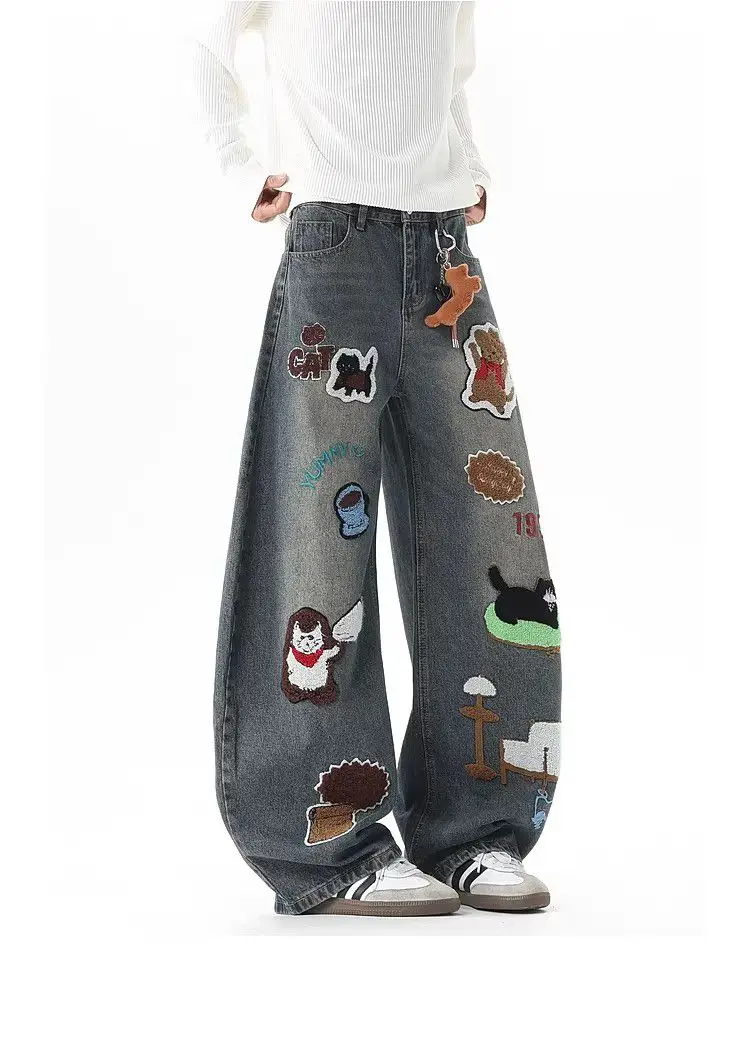 Women's Embroidery Cute Cartoon Patterns Jeans Summer Baggy Trousers Girl Wide Leg Pants Female High Waisted Unisex Sweatpants