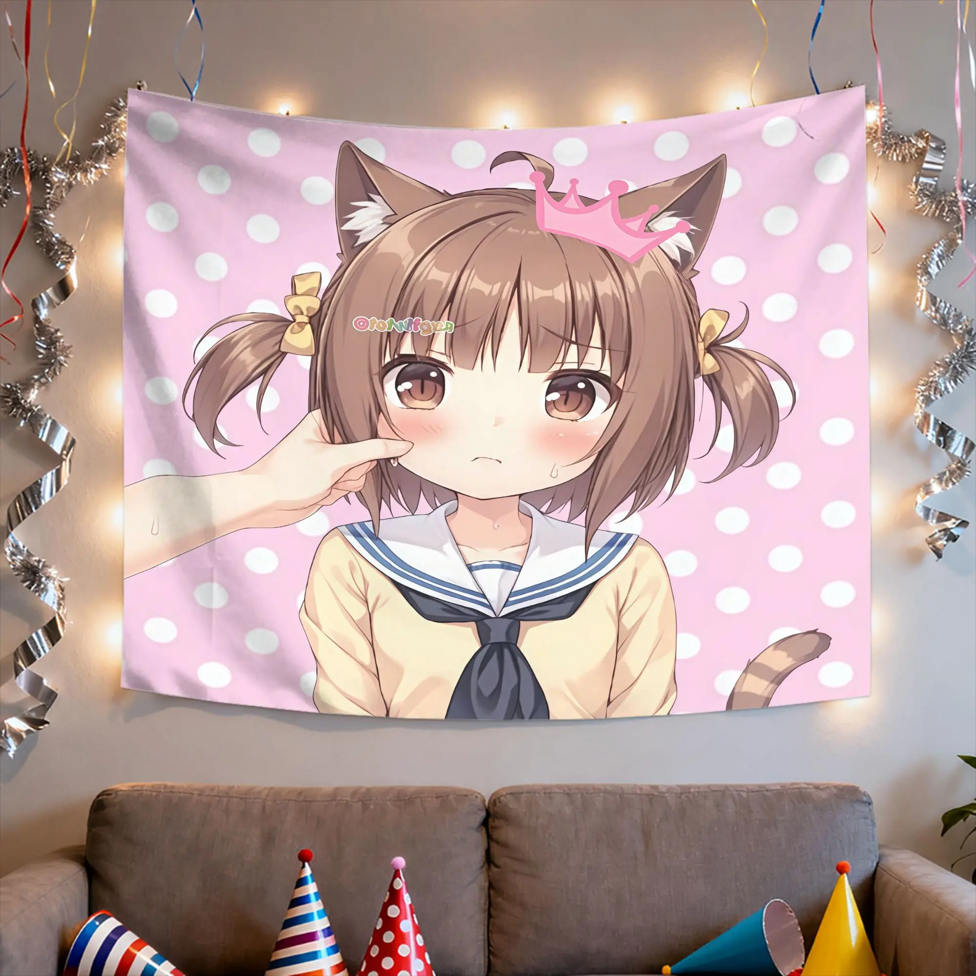 1pc N-Nekopara Azuki Cute Cat Girl Anime Tapestry Pink Polka Dot Wall Hanging Bedroom Dorm Aesthetic Decor Fan Gift