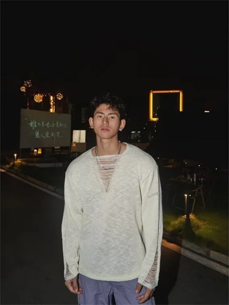 Autumn Men's Knitting Sweater Thin Hollow Out Knit Sweater Deep V Neck Lazy Pullover Alluring Destructive Design Upper Garment