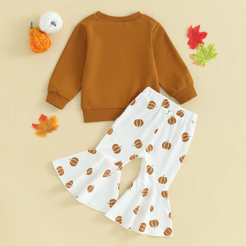 Baby Girls Halloween Outfits Toddler Letter Print Long Sleeve Round Neck Sweatshirt and Flared Pants Set Infant 2 Piece Suits