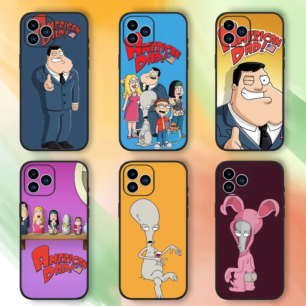 Cartoon A-American Dad Phone Case For iPhone 15,14,13,12,11,XS,XR,X,8,7,Pro,Max,Plus,mini Black Silicone Shell Cover